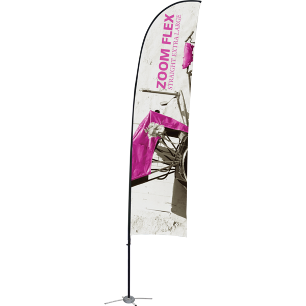 Promotional flags get your message noticed with motion!  Custom printed 19ft Zoom Flex Extra Large double-sided Straight outdoor flags are perfect outside retail stores, at trade shows, expos, fairs, and more.