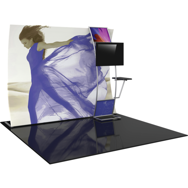 Orbus Formulate VC9 10ft Vertically Curved Fabric Backwall with Stand-off Monitor Mount and Table offers a large format graphic area to get you noticed at your events! Formulate Tension Fabric Backwall Displays feature 15 different layouts to choose from!