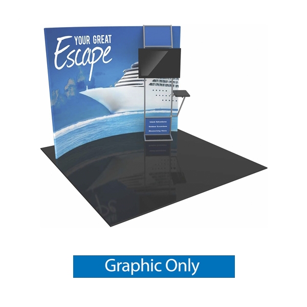 Orbus Formulate Formulate HC8 10ft Horizontally Curved Tension Fabric Backwall Display with stand-off monitor mount and side table (L or R). We offer a fabric trade show banners, stretch fabric trade show booth kit, fabric tradeshow booth walls