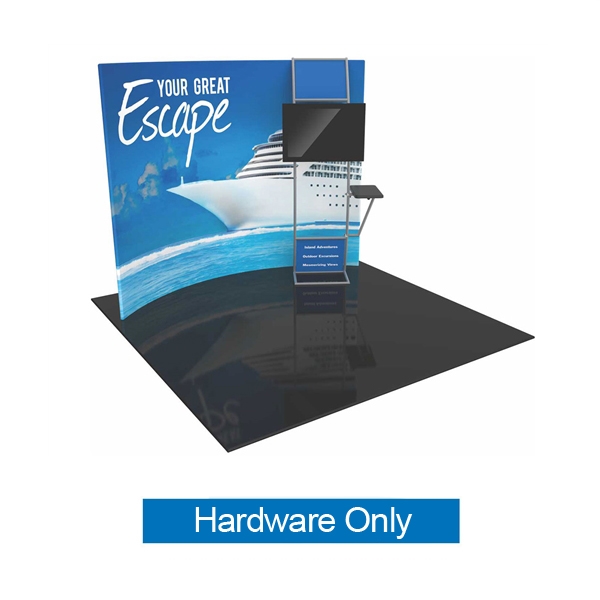 Orbus Formulate Formulate HC8 10ft Horizontally Curved Tension Fabric Backwall Display with stand-off monitor mount and side table (L or R) hardware only. We offer a fabric trade show banners, stretch fabric trade show booth kit