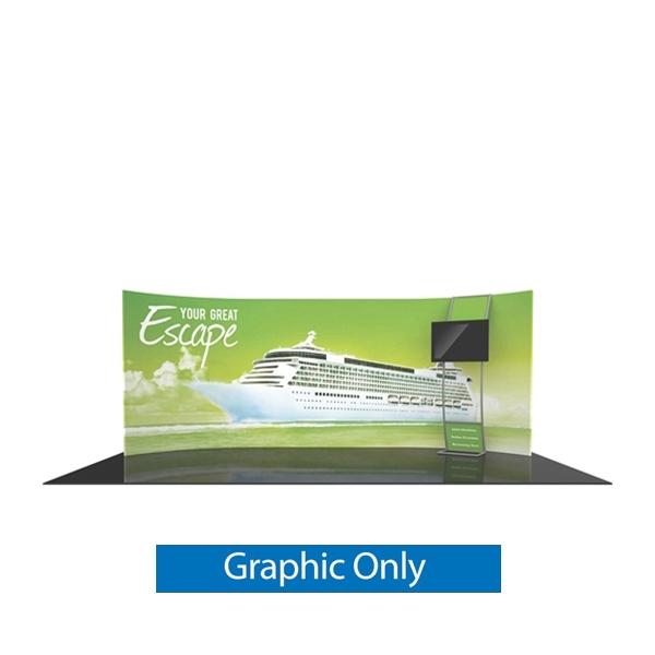 Formulate 20 WH3 20ft Horizontally Curved Backwall Tension Fabric Exhibit with Stand-off Monitor Mount Ladder offers a large format graphic area to get you noticed at your events! New dimension to your trade show exhibit with fabric back wall display