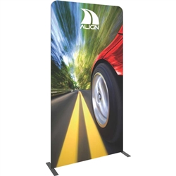 The Formulate Essential Banner 1200 - Straight measures 47.25"W, 92"H and features a simple straight bungee-corded tube frame and a fabric graphic that simply slips over the frame.
