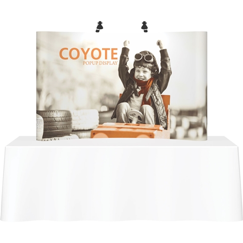 Deluxe Coyote Graphic Pop Up Trade Show 7ft (3x2)  Tabletop Display Kits combines strength and reliability with style and ease of use. Named popup because of its small to large pop-up action, this type of display system is still one of the most portable