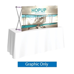 5ft HopUp Curved Tabletop Display Front Graphic Only. HopUp Display has a light weight, heavy duty frame that holds a fabric graphic mural. Durable stretch fabric graphic stays attached to the HopUp frame for fast and efficient use.