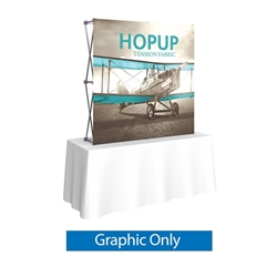 5ft x 5ft HopUp Straight Tabletop Display Front Graphic Only. HopUp Display has a light weight, heavy duty frame that holds a fabric graphic mural. Durable stretch fabric graphic stays attached to the HopUp frame for fast and efficient use.