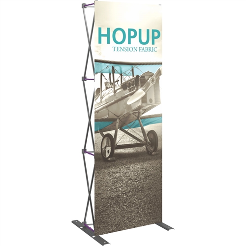 30in HopUp Straight 1x3 Tension Fabric Display with Front Graphic has a light weight, heavy duty frame that holds a fabric graphic mural. It sets up in seconds and can be packed away just as quickly. Durable stretch fabric graphic stays attached