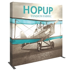 8ft Hopup Floor 3x3 Straight Fabric Display with Full Fitted Graphic is a simple yet attractive trade show floor backwall exhibit. The durable fabric graphic image stays attached to the aluminum frame for fast and efficient use