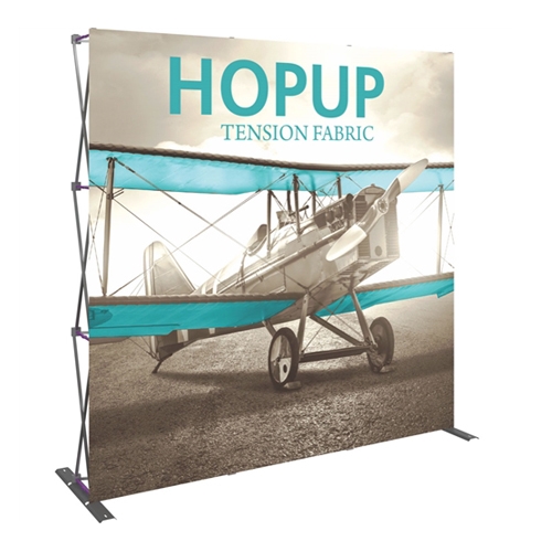 8ft Hopup Floor 3x3 Straight Fabric Display with Front Graphic is a simple yet attractive trade show floor backwall exhibit. The durable fabric graphic image stays attached to the aluminum frame for fast and efficient use
