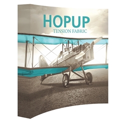 8ft Hopup Floor 3x3 Curved Fabric Display with Full Fitted Graphic is a simple yet attractive trade show floor backwall exhibit. The durable fabric graphic image stays attached to the aluminum frame for fast and efficient use