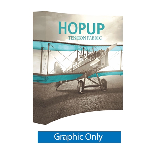 Full Fitted Graphic for 8ft Hopup Floor 3x3 Curved Exhibit. Hopup Backwall 3x3 Display is a simple yet attractive trade show floor backwall exhibit. The durable fabric graphic image stays attached to the aluminum frame for fast and efficient use