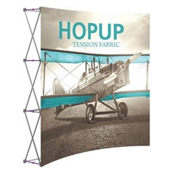 8ft Hopup Floor 3x3 Curved Fabric Display with Front Graphic is a simple yet attractive trade show floor backwall exhibit. The durable fabric graphic image stays attached to the aluminum frame for fast and efficient use