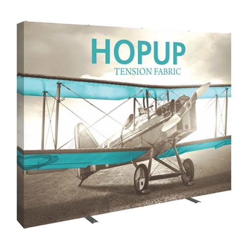 10ft Hopup Floor 4x3 Straight Fabric Display with Full Fitted Graphic is a lightweight, heavy duty pop up frame to support an integrated fabric tension graphic mural. HopUp Tension Fabric Displays Ideal For Trade Shows & Retail Industry