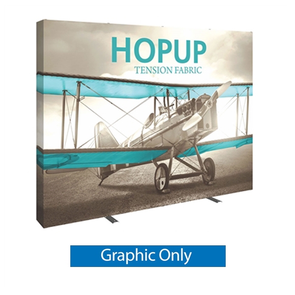 Full Fitted Graphic 10ft Hopup 4x3 Straight Fabric Display. Hopup is a lightweight, heavy duty pop up frame to support an integrated fabric tension graphic mural. HopUp Tension Fabric Displays Ideal For Trade Shows & Retail Industry