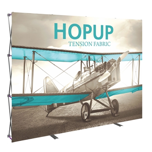 10ft Hopup Floor 4x3 Straight Fabric Display with Front Graphic is a lightweight, heavy duty pop up frame to support an integrated fabric tension graphic mural. HopUp Tension Fabric Displays Ideal For Trade Shows & Retail Industry