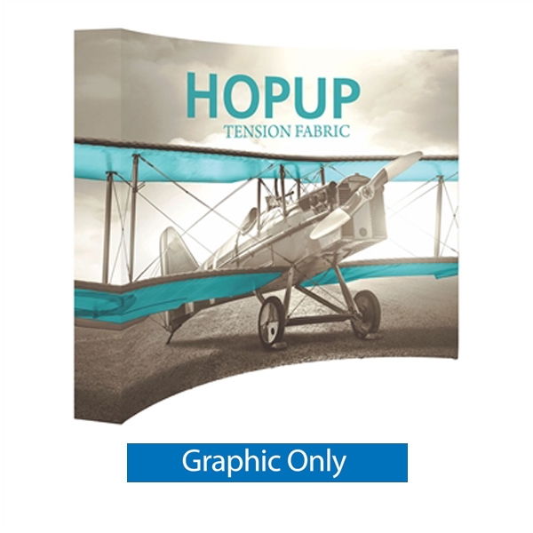 Full Fitted Graphic 10ft Hopup 4x3 Curved Fabric Display. Hopup is a lightweight, heavy duty pop up frame to support an integrated fabric tension graphic mural. HopUp Tension Fabric Displays Ideal For Trade Shows & Retail Industry