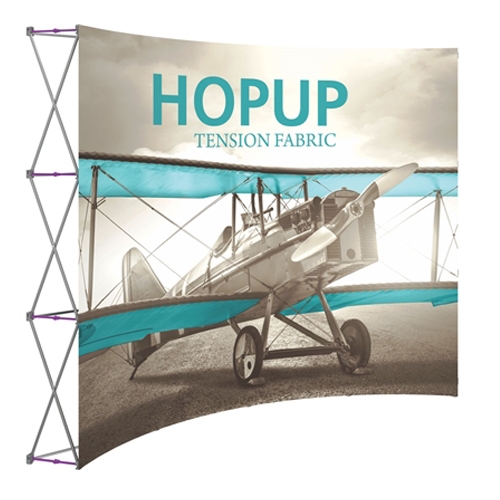 10ft Hopup Floor 4x3 Curved Fabric Display with Front Graphic is a lightweight, heavy duty pop up frame to support an integrated fabric tension graphic mural. HopUp Tension Fabric Displays Ideal For Trade Shows & Retail Industry