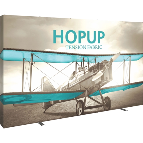 12ft Hopup Floor 5x3 Straight Fabric Display with Full Fitted Graphic is the largest among Hop Up trade displays, making it the perfect way to stand out against the competition. HopUp has a light weight, heavy duty frame that holds a fabric graphic mural