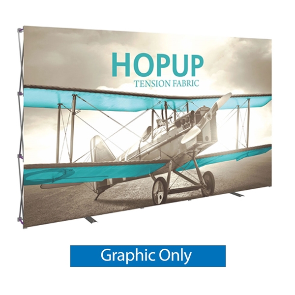 Front Graphic for 12ft Hopup 5x3 Straight Display. This Hop up is the largest among Hop Up trade displays, making it the perfect way to stand out against the competition. HopUp has a light weight, heavy duty frame that holds a fabric graphic mural
