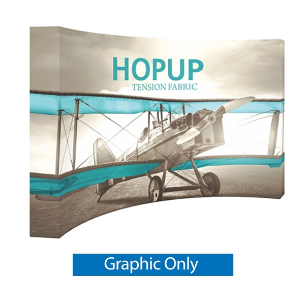 Full Fitted Graphic for 12ft Hopup 5x3 Curved Display. This Hop up is the largest among Hop Up trade displays, making it the perfect way to stand out against the competition. HopUp has a light weight, heavy duty frame that holds a fabric graphic mural