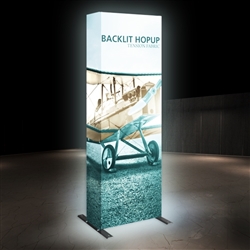 3ft Backlit HopUp 1x3 Trade Show Display Kit with Fabric Print has a light weight, heavy duty frame that holds a fabric graphic mural. 3 foot backlit Hop Up display is a great upgrade to our standard Hop Up line trade show exhibits.