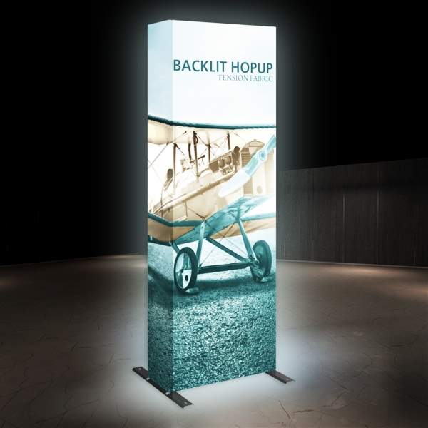 3ft Backlit HopUp 1x3 Trade Show Display Kit with Fabric Print has a light weight, heavy duty frame that holds a fabric graphic mural. 3 foot backlit Hop Up display is a great upgrade to our standard Hop Up line trade show exhibits.