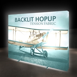 8ft x 8ft Backlit HopUp Trade Show Display  has a light weight, heavy duty frame that holds a fabric graphic mural. 7.5ft x 7.5ft foot backlit Hop Up display is a great upgrade to our standard Hop Up line trade show exhibits.