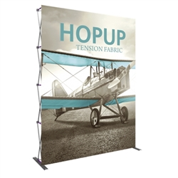 8ft Hopup 3x4 Tension Fabric Display Kit with with Front Graphic. Hopup is a perfect accent for trade show and event spaces of any size. A wheeled carry bag simplifies shipping and transportation.