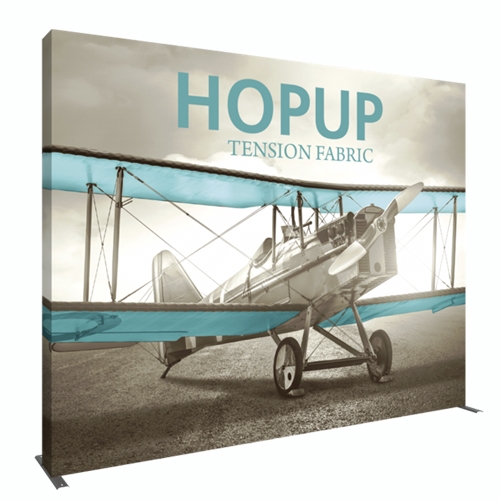 12ft Hopup 5x4 Tension Fabric Display Kit with Full Fitted Graphic. Hopup is a perfect accent for trade show and event spaces of any size. A wheeled carry bag simplifies shipping and transportation.