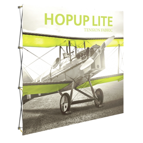 8ft Hopup Lite 3x3 Straight Fabric Display Kit with Front Graphic. Hopup Lite 3x3 features an economy aluminum frame and hook and loop-applied, straight fabric mural with or without endcaps.