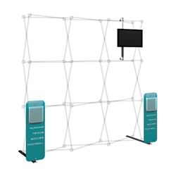 Hopup 3x3 Backwall Display Dimension Accessory Kit 01 includes 3x3 straight hopup backwall with front graphic, 2 stand-off rigid graphic accents with literature pocket holders, monitor mount and 2 lumina 200 lights, monitor mount holds up to 23in