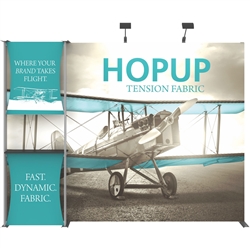 10ft Hopup 4x3 Backwall Display Dimension Kit 04 (w/ Endcaps) includes 4x3 straight hopup backwall with front graphic, stand-off counter with 2 fabric graphics, monitor mount and 2 lumina 200 lights. Hopup is one of the most popular large format graphic