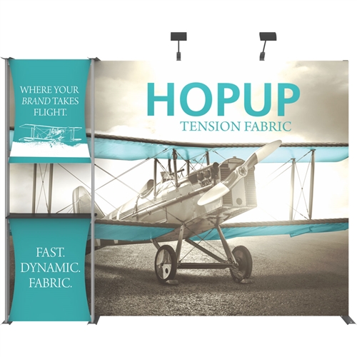 10ft Hopup 4x3 Backwall Display Dimension Kit 04 (w/o Endcaps) includes 4x3 straight hopup backwall with front graphic, stand-off counter with 2 fabric graphics, monitor mount and 2 lumina 200 lights. Hopup is one of the most popular large format graphic