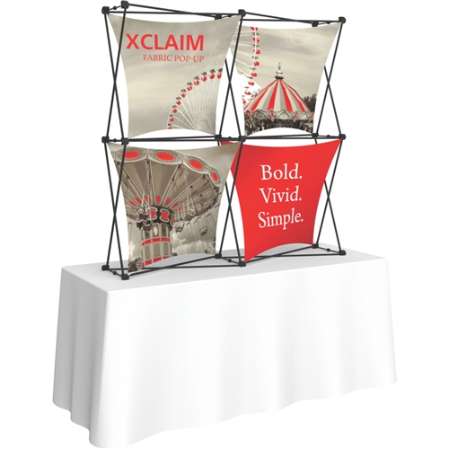 5ft Xclaim 3-D PopUp Table Top Display Kit 04 with Full Fabric Graphics. Portable tabletop displays and exhibits. Several different styles are available, including pop up frames with stretch fabric or fold up panels with custom graphics.