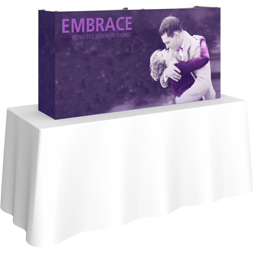 5ft Embrace Tabletop Push-Fit Tension Fabric Display with Full Fitted Graphic. Portable tabletop displays and exhibits. Several different styles are available, including pop up frames with stretch fabric or fold up panels with custom graphics.
