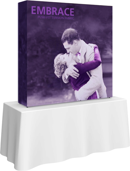 5ft Embrace Square Tabletop Push-Fit Tension Fabric Display with Full Fitted Graphic. Portable tabletop displays and exhibits. Several different styles are available, including pop up frames with stretch fabric or fold up panels with custom graphics.