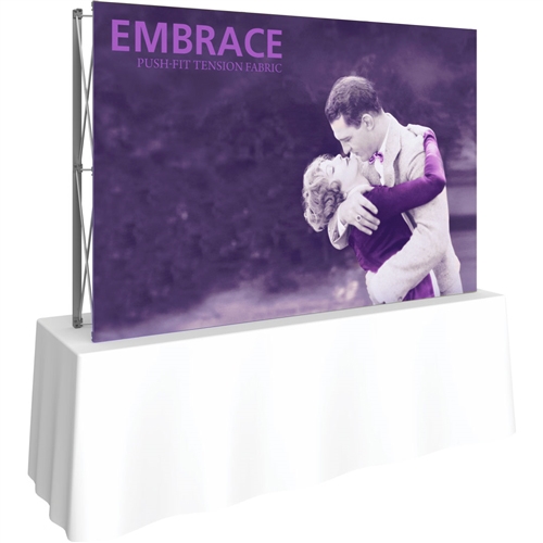 8ft Embrace Square Tabletop Push-Fit Tension Fabric Display with Front Graphic. Portable tabletop displays and exhibits. Several different styles are available, including pop up frames with stretch fabric or fold up panels with custom graphics.