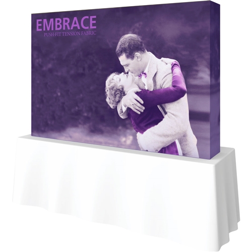 8ft Embrace Square Tabletop Push-Fit Tension Fabric Display with Full Fitted Graphic. Portable tabletop displays and exhibits. Several different styles are available, including pop up frames with stretch fabric or fold up panels with custom graphics.