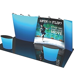 Flip 20ft Tension Fabric Display Kits. versatile. Multi-layered 10ft x 20ft backwall, frame includes 2 OCE cases, counters and lighting NOT included in kits, for spin option, requires double-sided graphics for flip option, requires 2 sets of graphics