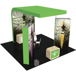 Formulate Fusion Kit 9 features structures that combine the latest developments in fabric printed technology with heavy-duty aluminum frames to create a space that fosters great traffic flow and conversation areas. The 12ft tall center fabric tower
