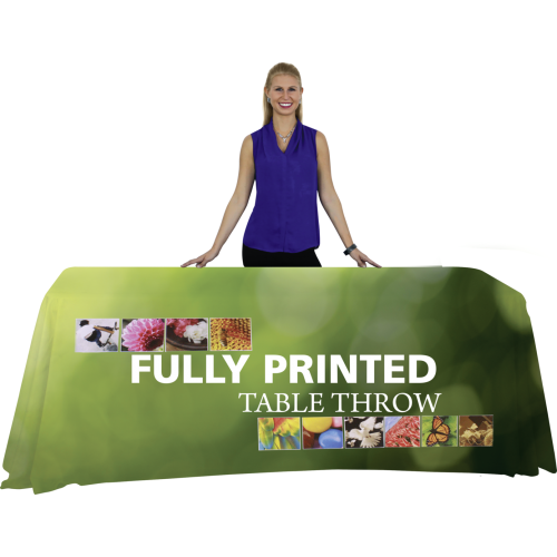 Complete your trade show or presentation with this 8ft Draped custom dye-sub printed Four Sided table throw.   All of our custom tablecloths are printed with dye-sublimation to give brilliant, rich colors that command attention. In addition the dye-sublim