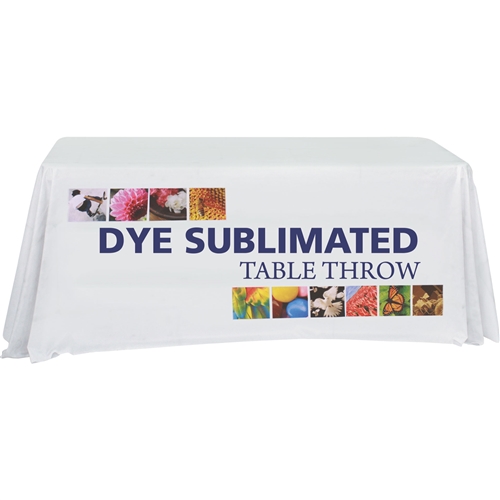 Complete your trade show or presentation with this 6ft Draped custom dye-sub printed Four Sided table throw.   All of our custom tablecloths are printed with dye-sublimation to give brilliant, rich colors that command attention. In addition the dye-sublim