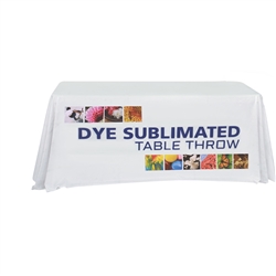 Complete your trade show or presentation with this 6ft Draped custom dye-sub printed Open Back table throw.   All of our custom tablecloths are printed with dye-sublimation to give brilliant, rich colors that command attention. In addition the dye-sublima