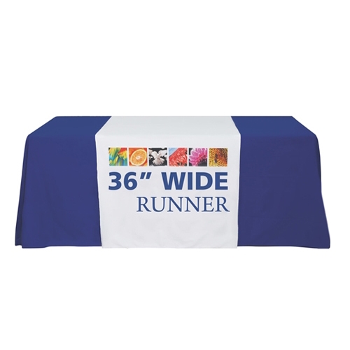 Complete your trade show or presentation with this 3ft  custom dye-sub printed table runner.   All of our custom tablecloths are printed with dye-sublimation to give brilliant, rich colors that command attention. In addition the dye-sublimation process ma