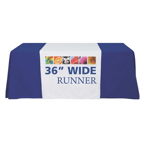 Complete your trade show or presentation with this 3ft  custom dye-sub printed table runner with open back.   All of our custom tablecloths are printed with dye-sublimation to give brilliant, rich colors that command attention. In addition the dye-sublima