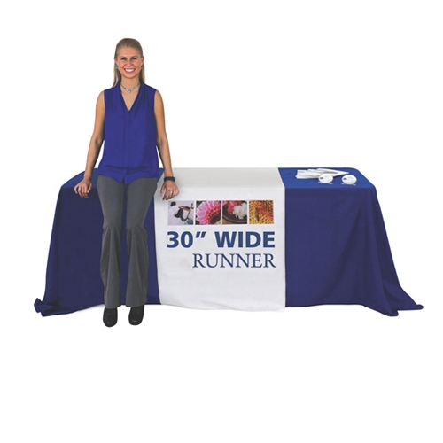 Complete your trade show or presentation with this 30in  custom dye-sub printed table runner.   All of our custom tablecloths are printed with dye-sublimation to give brilliant, rich colors that command attention. In addition the dye-sublimation process m