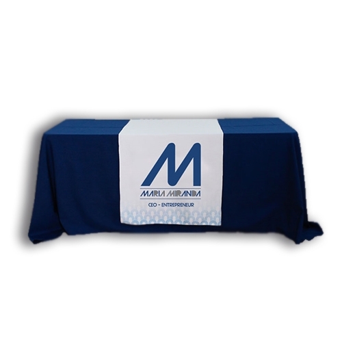 Complete your trade show or presentation with this 2ft  custom dye-sub printed table runner.   All of our custom tablecloths are printed with dye-sublimation to give brilliant, rich colors that command attention. In addition the dye-sublimation process ma