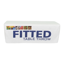 Complete your trade show or presentation with this 8ft Fitted custom dye-sub printed Four Sided table throw.   All of our custom tablecloths are printed with dye-sublimation to give brilliant, rich colors that command attention. In addition the dye-sublim