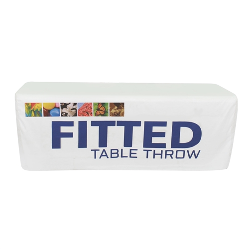 Complete your trade show or presentation with this 6ft Fitted custom dye-sub printed Four Sided table throw.   All of our custom tablecloths are printed with dye-sublimation to give brilliant, rich colors that command attention. In addition the dye-sublim