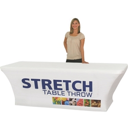 Complete your trade show or presentation with this 4ft Stretch custom dye-sub printed Four Sided table throw.   All of our custom tablecloths are printed with dye-sublimation to give brilliant, rich colors that command attention. In addition the dye-subli