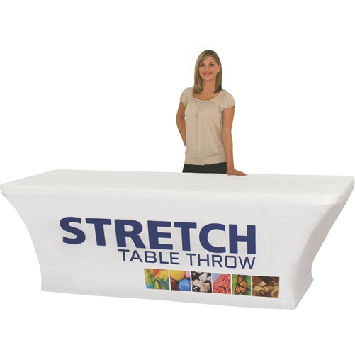 Complete your trade show or presentation with this 6ft Stretch custom dye-sub printed Four Sided table throw.   All of our custom tablecloths are printed with dye-sublimation to give brilliant, rich colors that command attention. In addition the dye-subli
